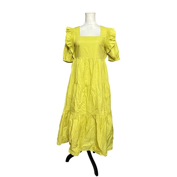 English Factory Puff Short Sleeve Midi Dress Square Neck Ruffle Smocked Detail S - Picture 3 of 12